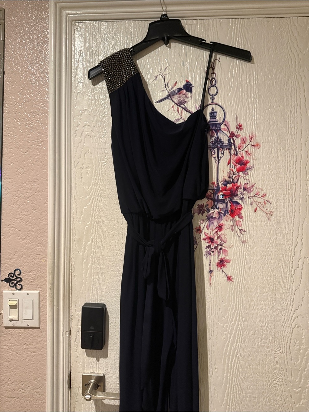 Xscape Navy One-Shoulder Evening Gown with Beaded Shoulder